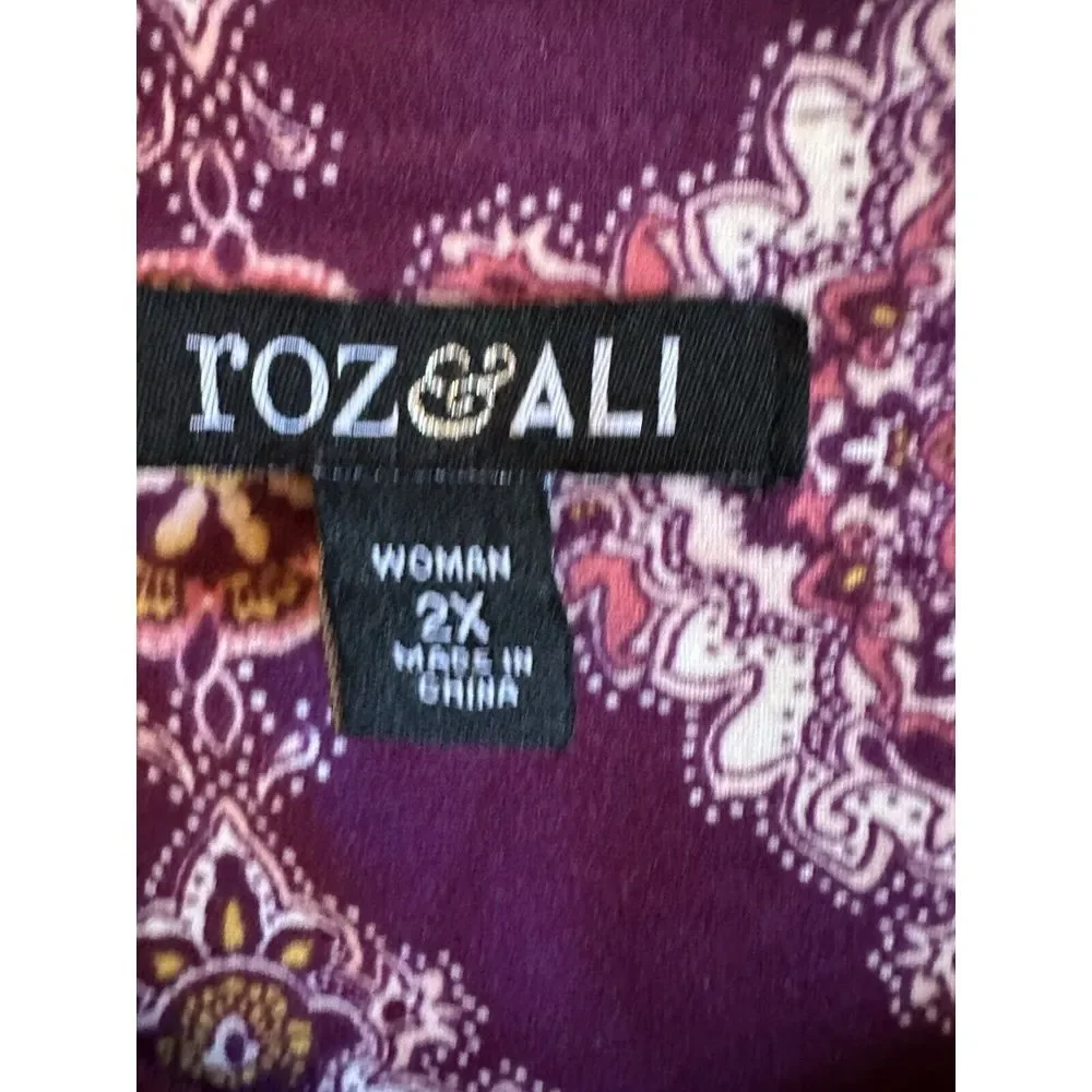 Roz & Ali 2X Plus V-neck Zip 3/4 Bell Sleeve Purple Tunic Top Boho Flowy Stretch - Picture 3 of 8